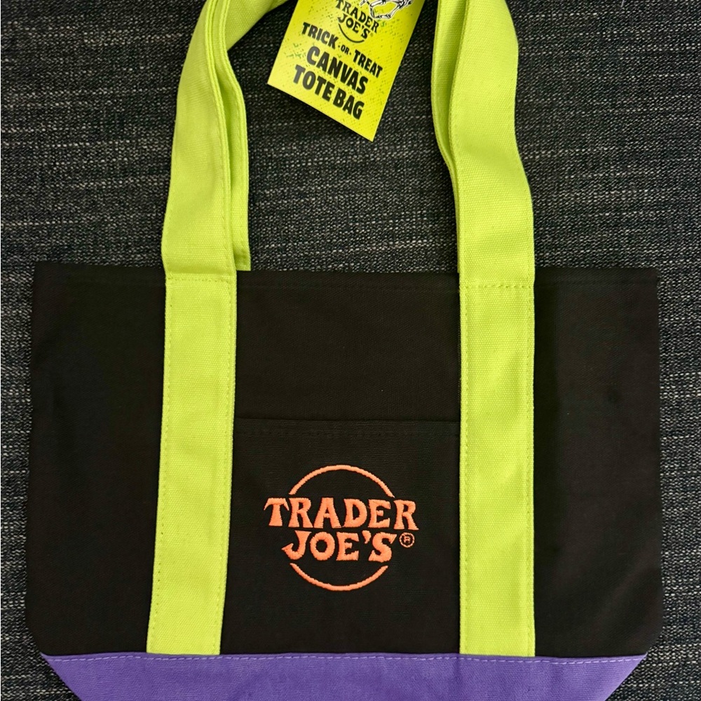 Trader Joe's Black and Purple Canvas Tote Bag